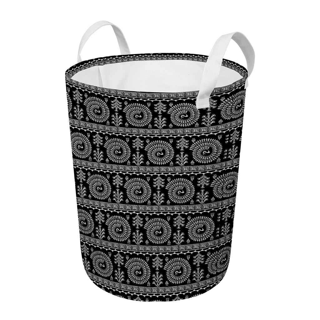Black And White Warli Tribal Print Round Laundry Basket