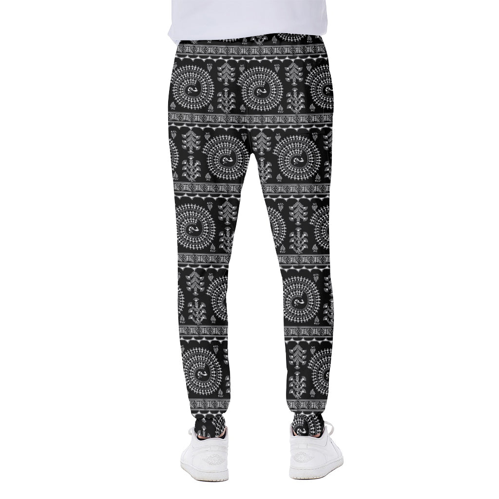 Black And White Warli Tribal Print Scuba Joggers