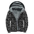 Black And White Warli Tribal Print Sherpa Lined Zip Up Hoodie