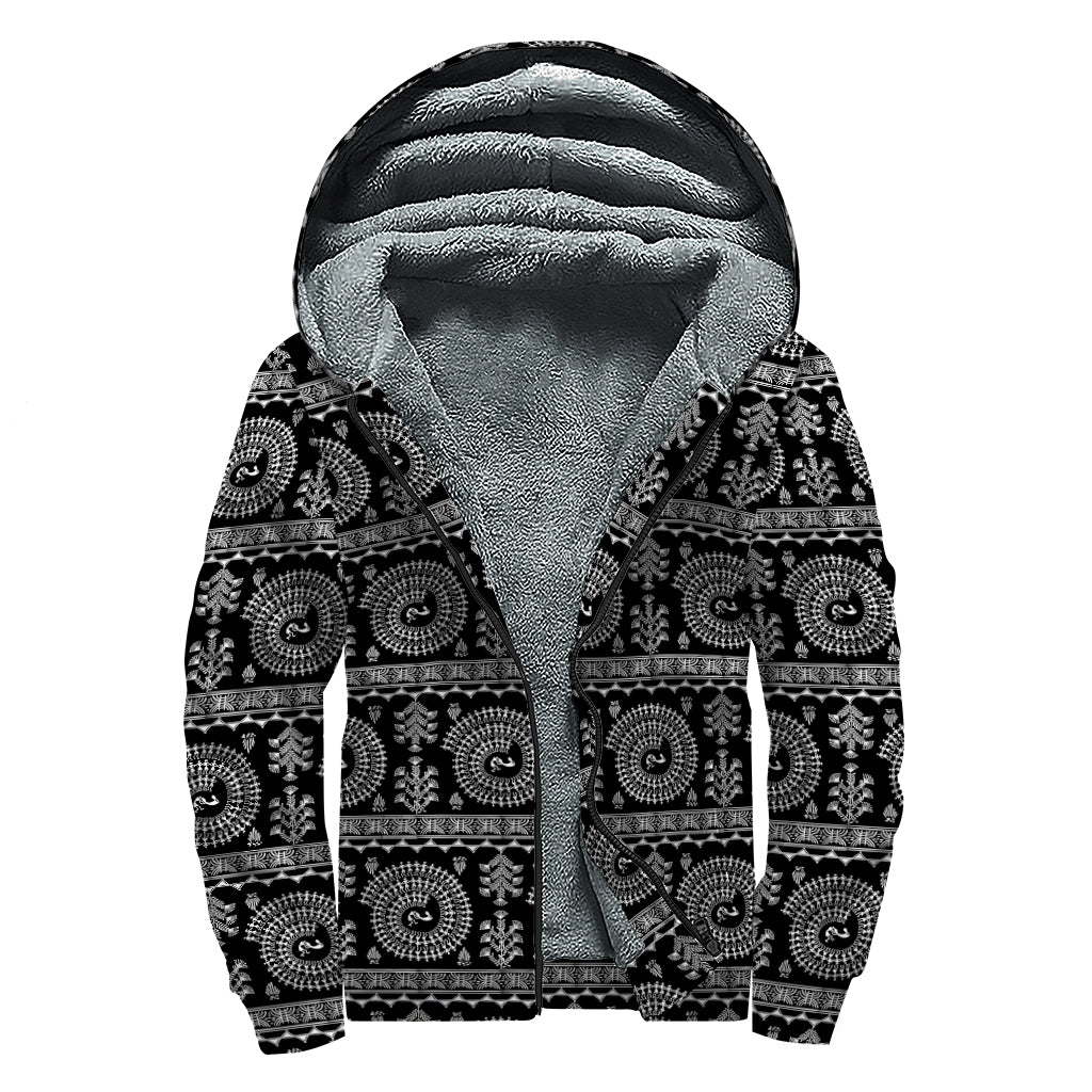 Black And White Warli Tribal Print Sherpa Lined Zip Up Hoodie