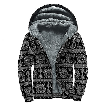 Black And White Warli Tribal Print Sherpa Lined Zip Up Hoodie