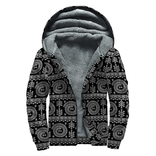 Black And White Warli Tribal Print Sherpa Lined Zip Up Hoodie