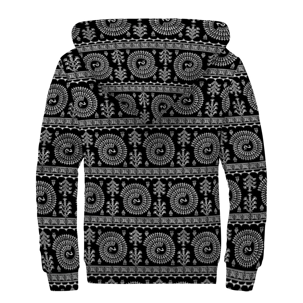 Black And White Warli Tribal Print Sherpa Lined Zip Up Hoodie