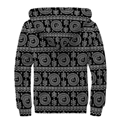 Black And White Warli Tribal Print Sherpa Lined Zip Up Hoodie