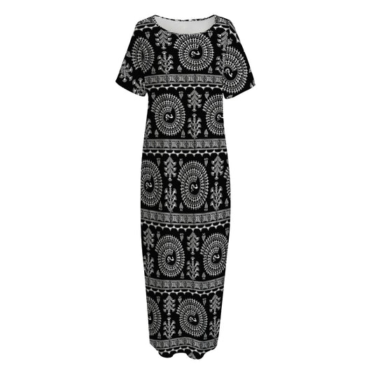 Black And White Warli Tribal Print Short Sleeve Long Nightdress