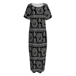Black And White Warli Tribal Print Short Sleeve Long Nightdress