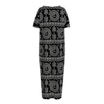 Black And White Warli Tribal Print Short Sleeve Long Nightdress
