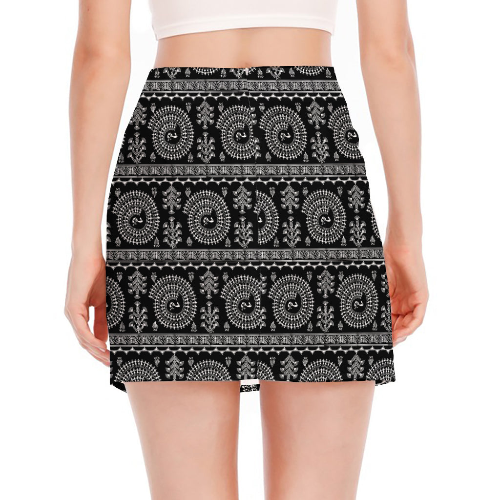 Black And White Warli Tribal Print Side Slit Mini Skirt