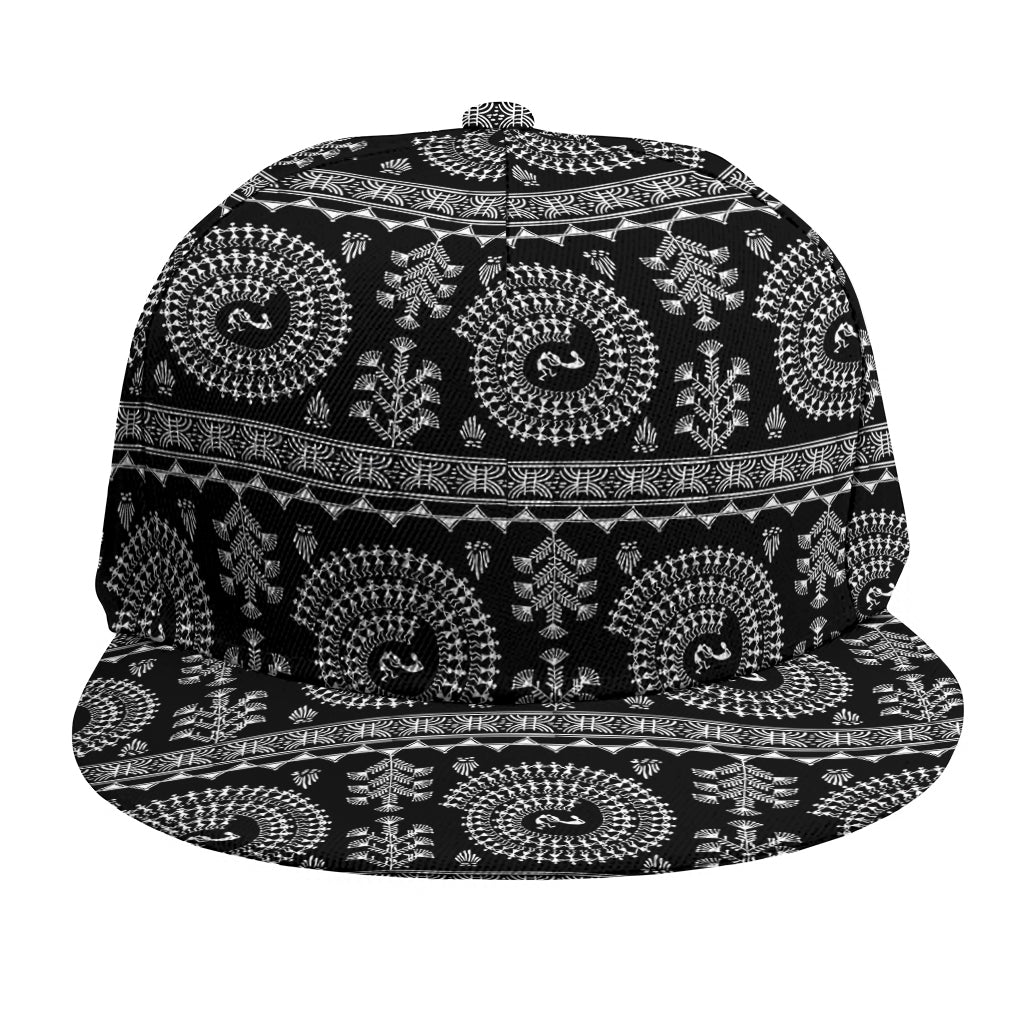 Black And White Warli Tribal Print Snapback Cap