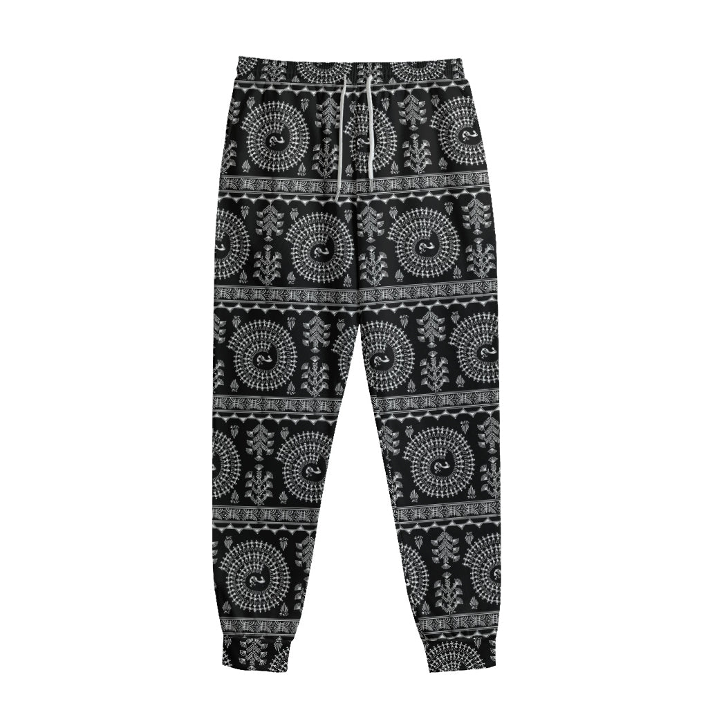 Black And White Warli Tribal Print Sweatpants