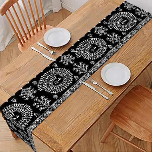 Black And White Warli Tribal Print Table Runner