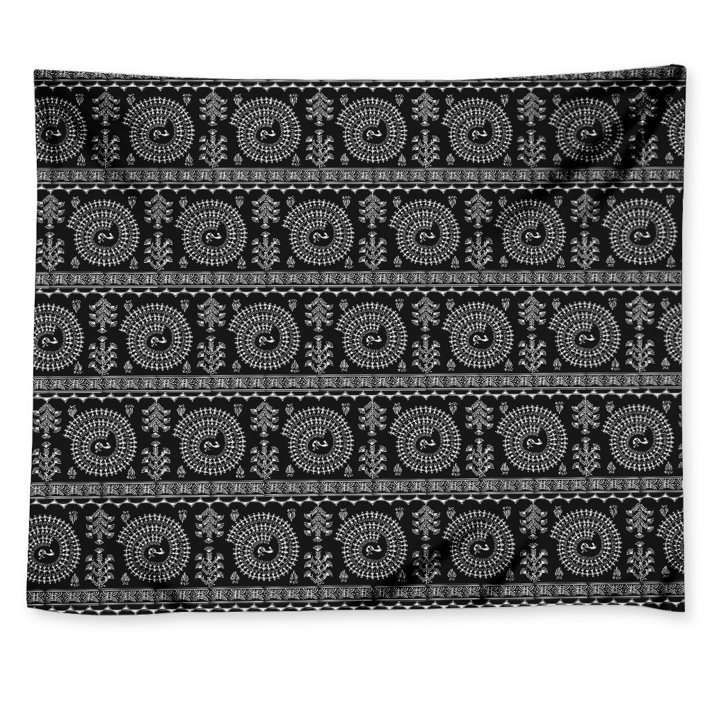 Black And White Warli Tribal Print Tapestry