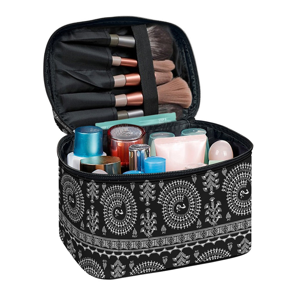 Black And White Warli Tribal Print Travel Makeup Bag