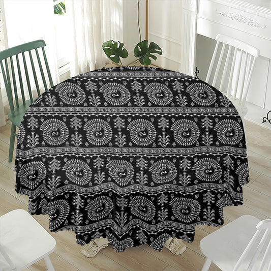 Black And White Warli Tribal Print Waterproof Round Tablecloth
