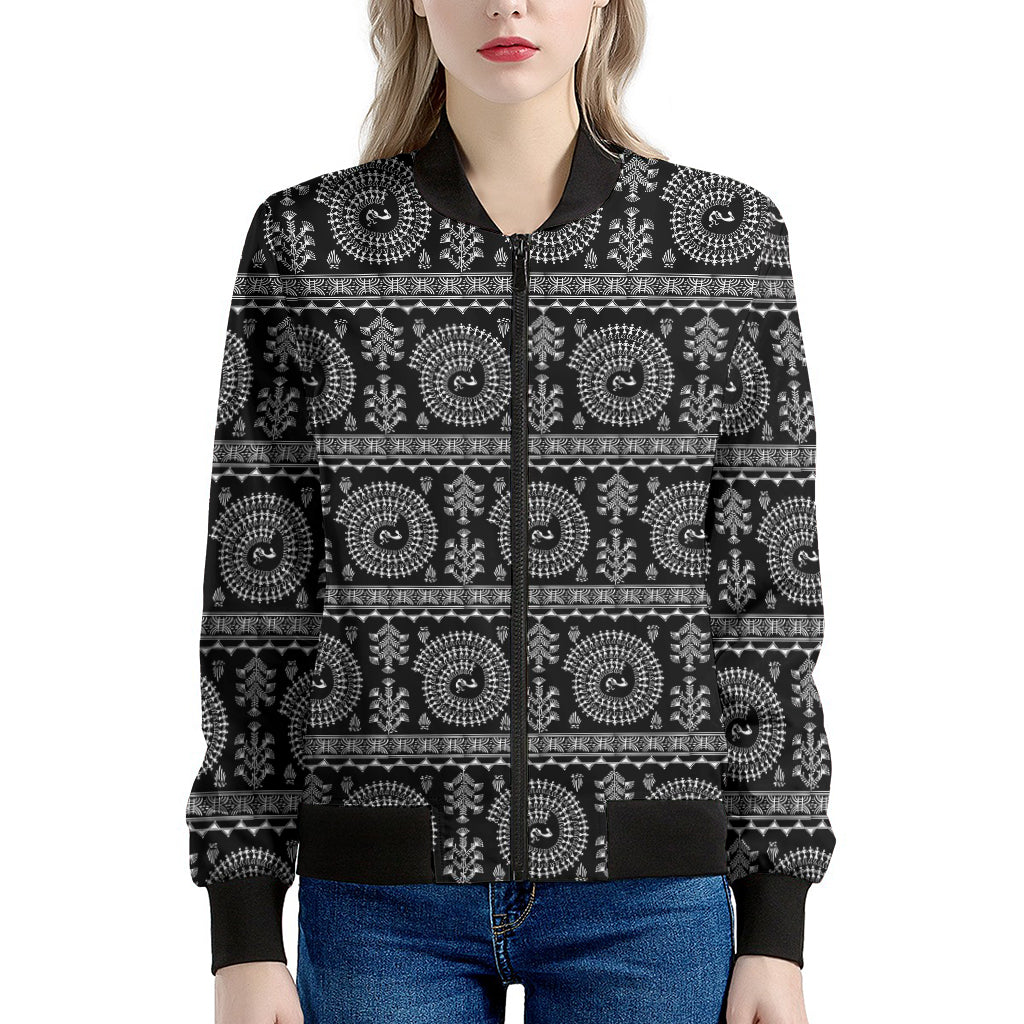 Black And White Warli Tribal Print Women's Bomber Jacket