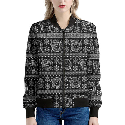 Black And White Warli Tribal Print Women's Bomber Jacket