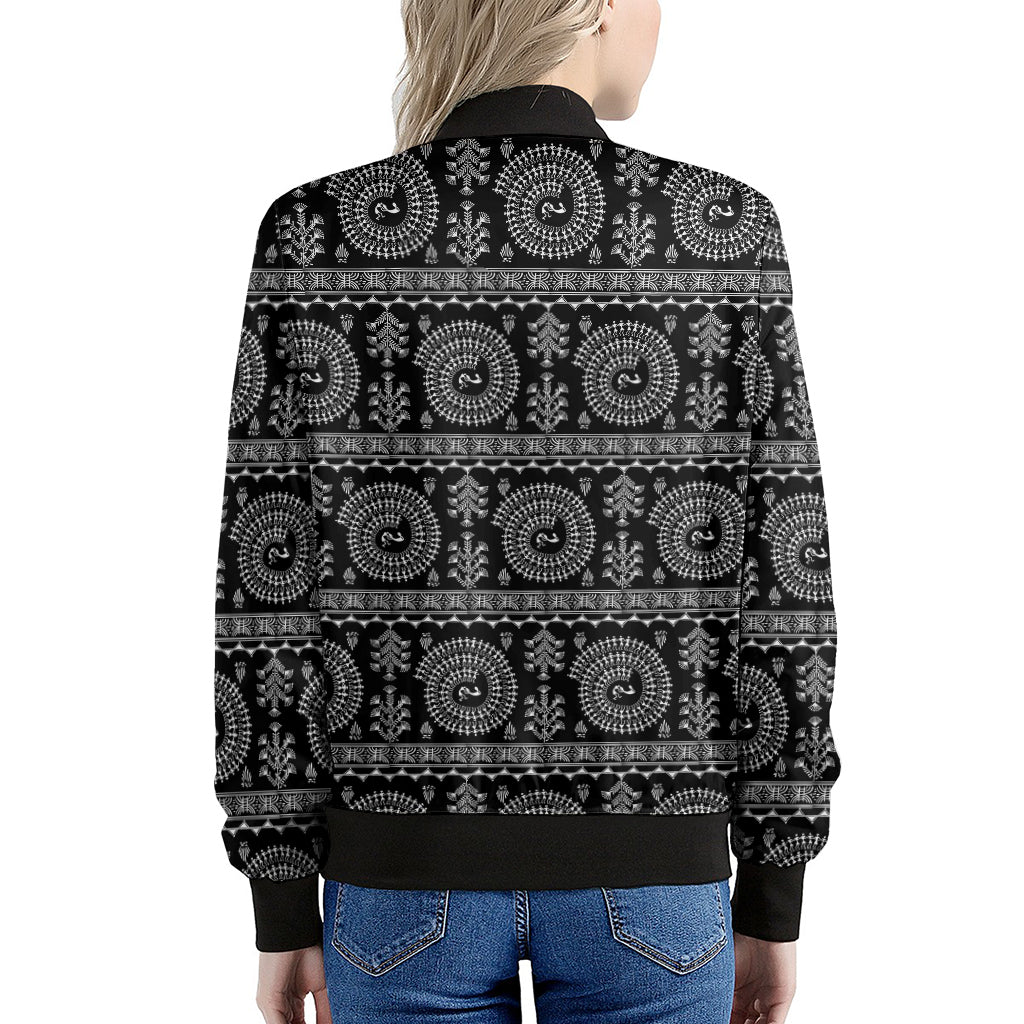 Black And White Warli Tribal Print Women's Bomber Jacket