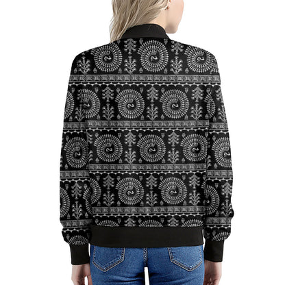 Black And White Warli Tribal Print Women's Bomber Jacket