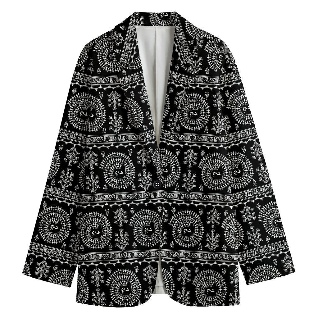 Black And White Warli Tribal Print Women's Cotton Blazer
