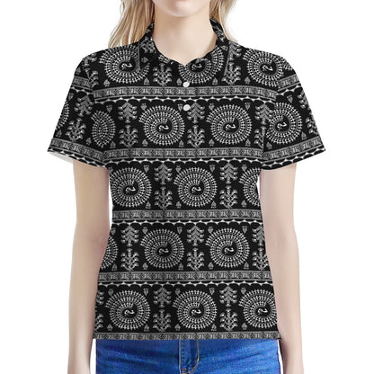 Black And White Warli Tribal Print Women's Polo Shirt