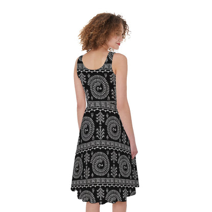Black And White Warli Tribal Print Women's Sleeveless Dress