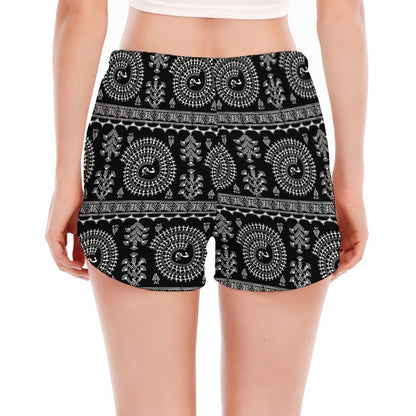 Black And White Warli Tribal Print Women's Split Running Shorts