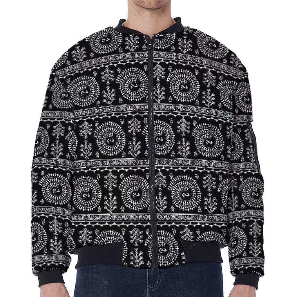 Black And White Warli Tribal Print Zip Sleeve Bomber Jacket