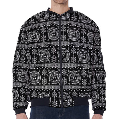 Black And White Warli Tribal Print Zip Sleeve Bomber Jacket
