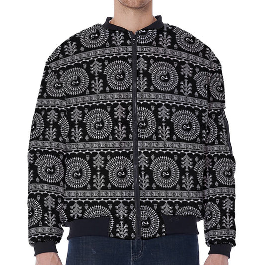 Black And White Warli Tribal Print Zip Sleeve Bomber Jacket