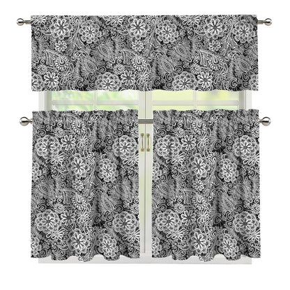 Black And White Western Flower Print 3 Piece Kitchen Curtains