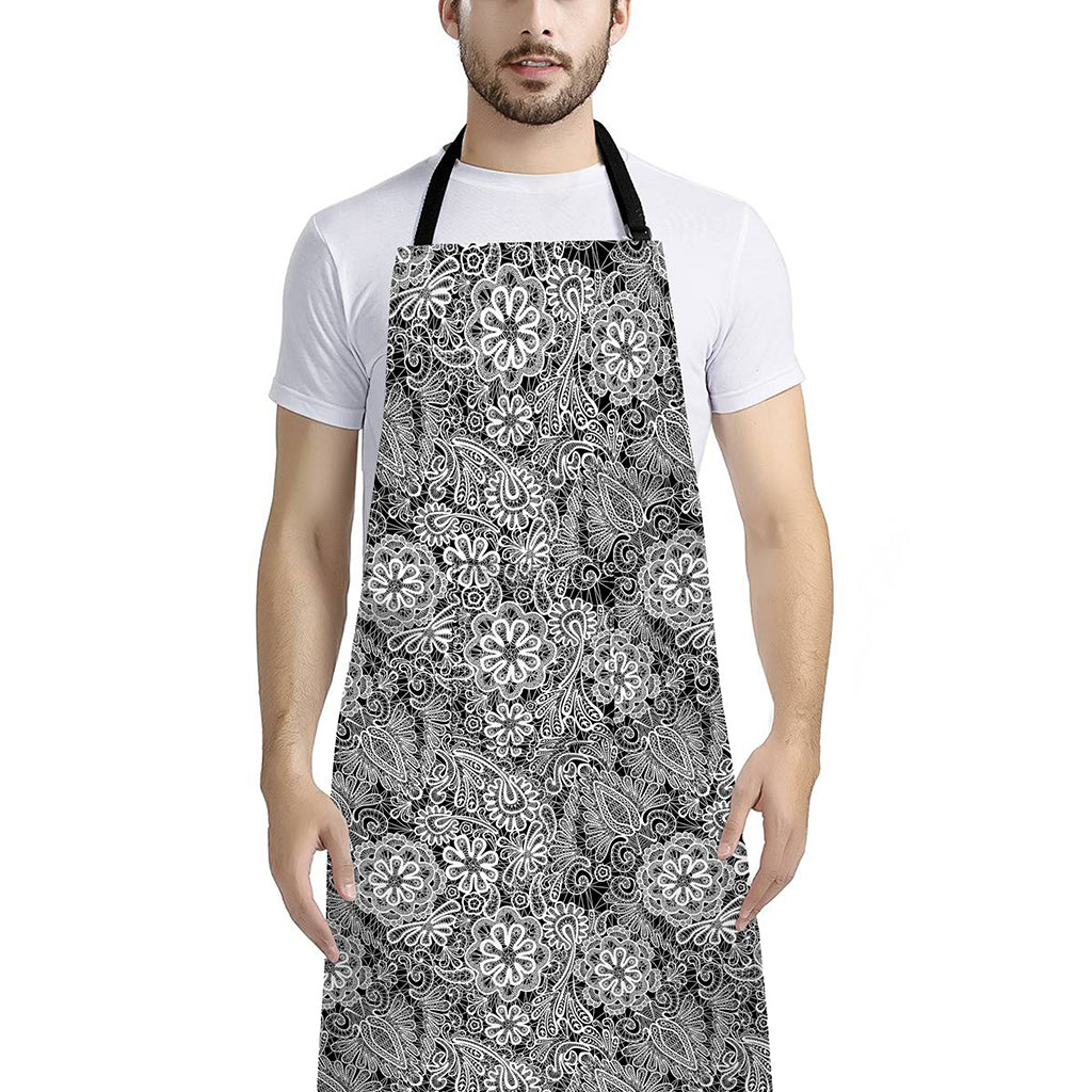 Black And White Western Flower Print Bib Apron With Pocket