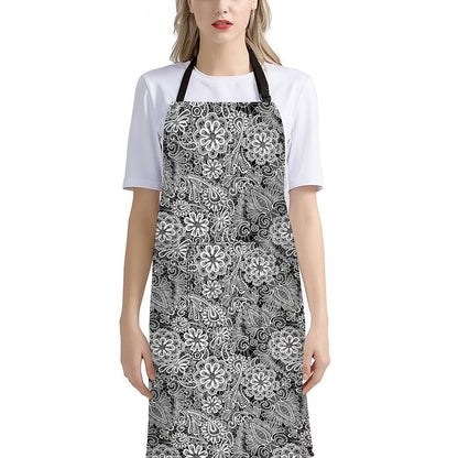 Black And White Western Flower Print Bib Apron With Pocket