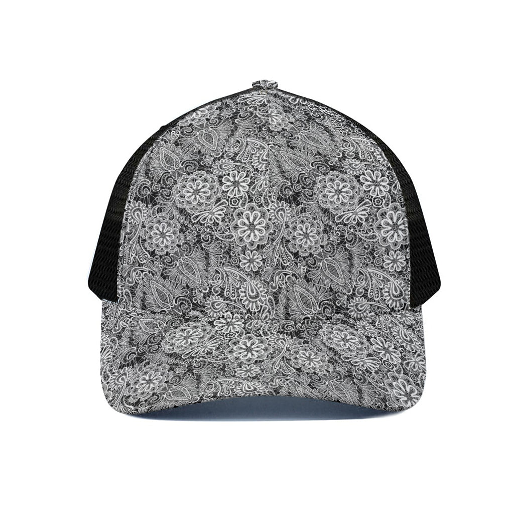 Black And White Western Flower Print Black Mesh Trucker Cap