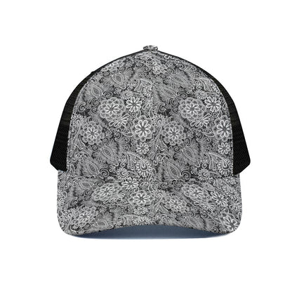 Black And White Western Flower Print Black Mesh Trucker Cap