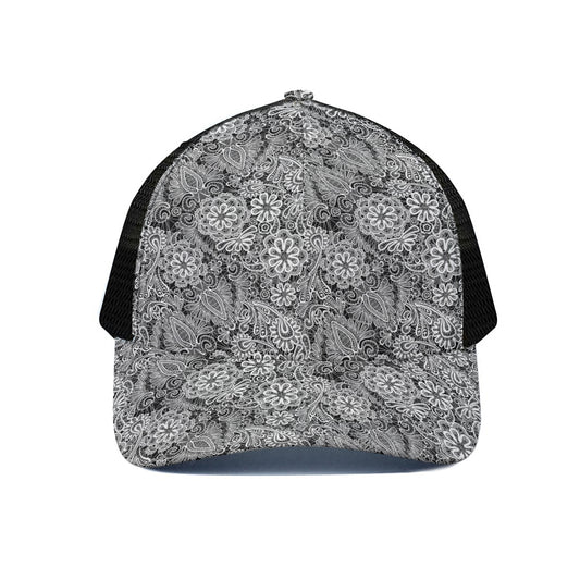 Black And White Western Flower Print Black Mesh Trucker Cap