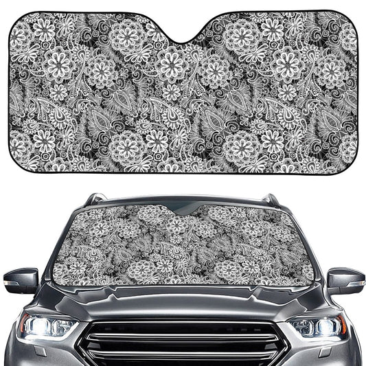 Black And White Western Flower Print Car Windshield Sun Shade