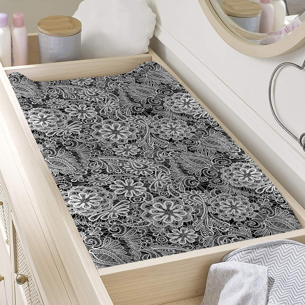 Black And White Western Flower Print Changing Pad Cover