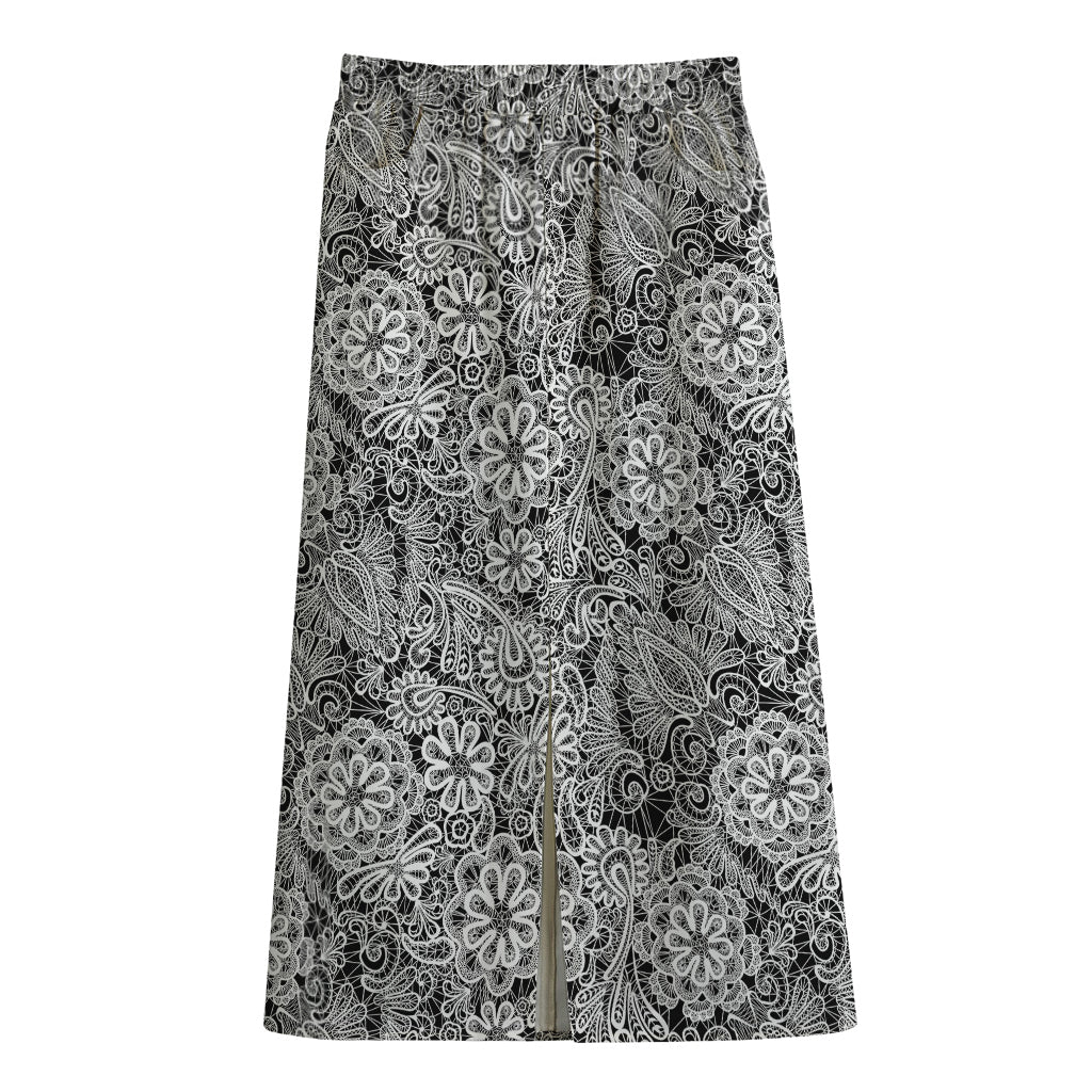 Black And White Western Flower Print Cotton Front Slit Maxi Skirt
