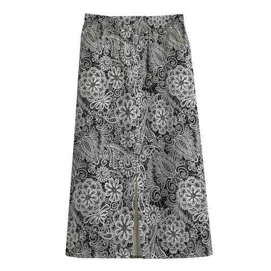 Black And White Western Flower Print Cotton Front Slit Maxi Skirt