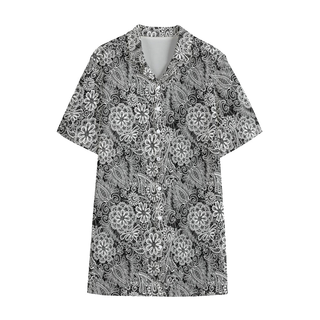 Black And White Western Flower Print Cotton Hawaiian Shirt
