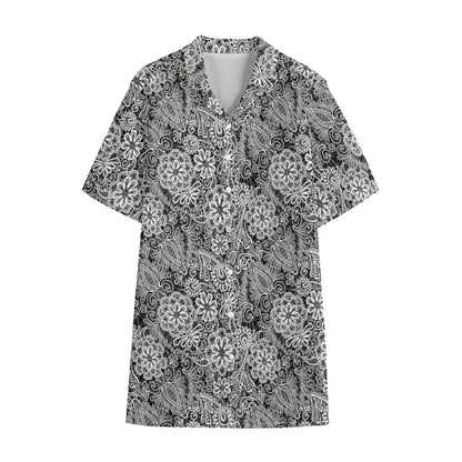 Black And White Western Flower Print Cotton Hawaiian Shirt