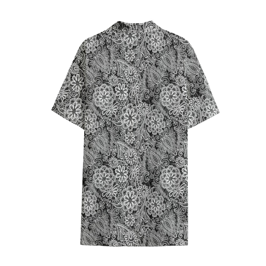 Black And White Western Flower Print Cotton Hawaiian Shirt