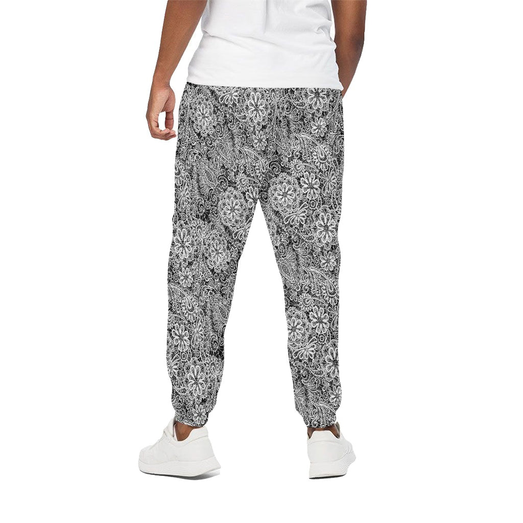 Black And White Western Flower Print Cotton Pants