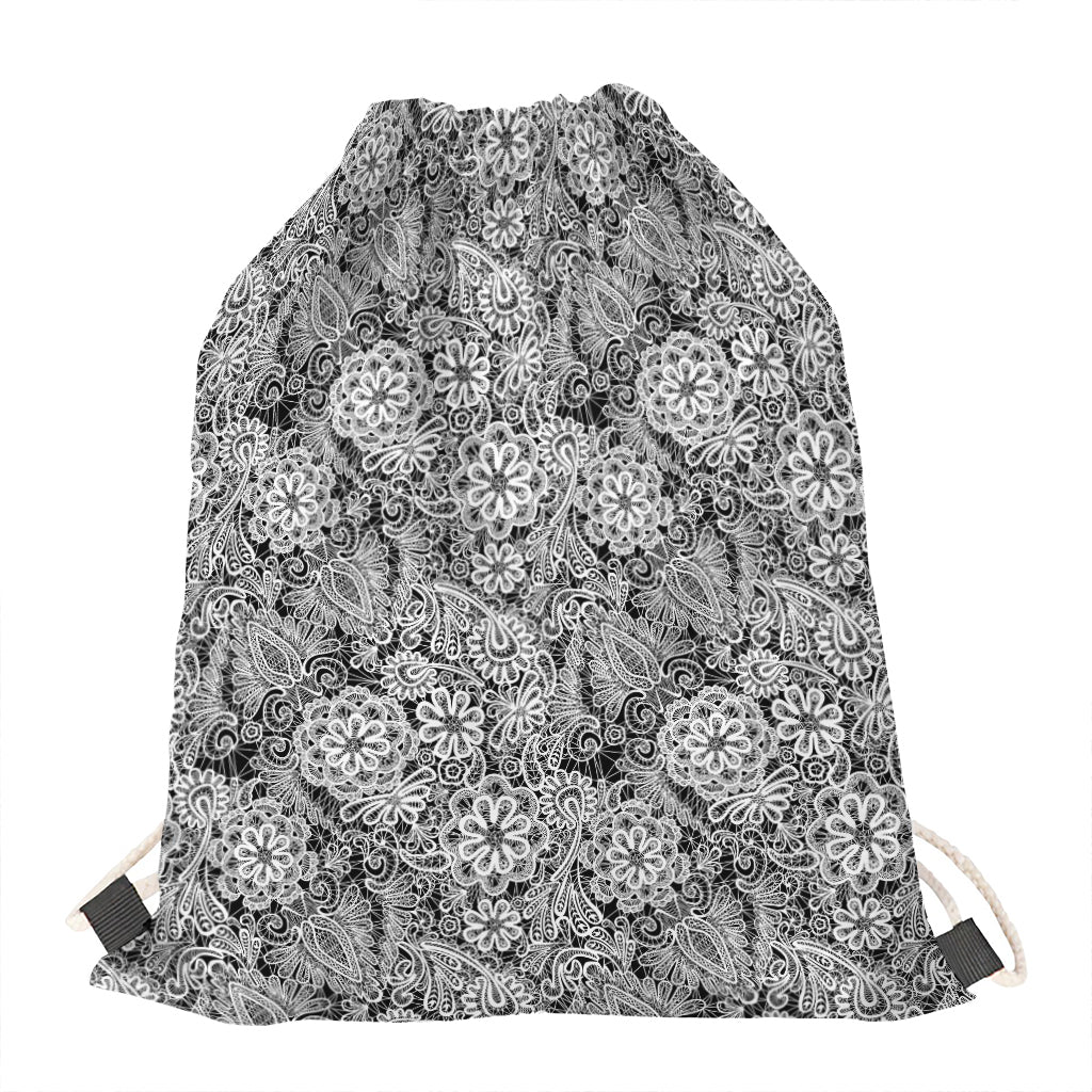Black And White Western Flower Print Drawstring Bag