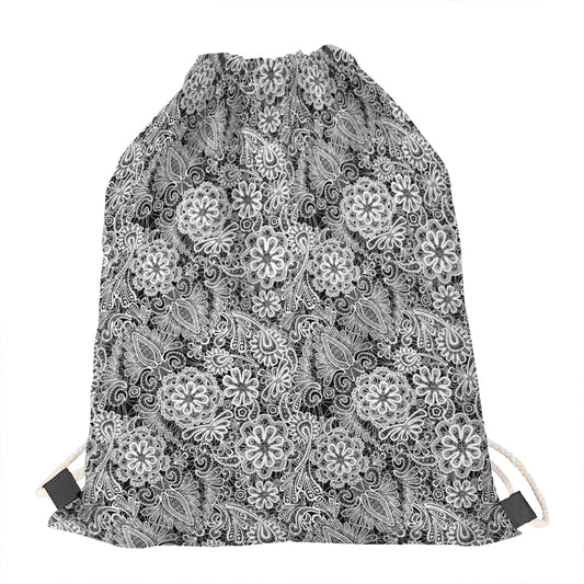 Black And White Western Flower Print Drawstring Bag