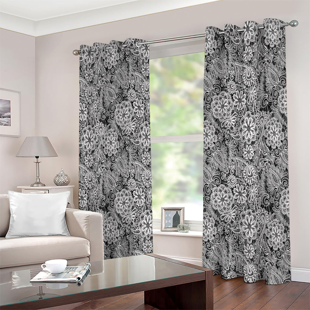 Black And White Western Flower Print Extra Wide Grommet Curtains