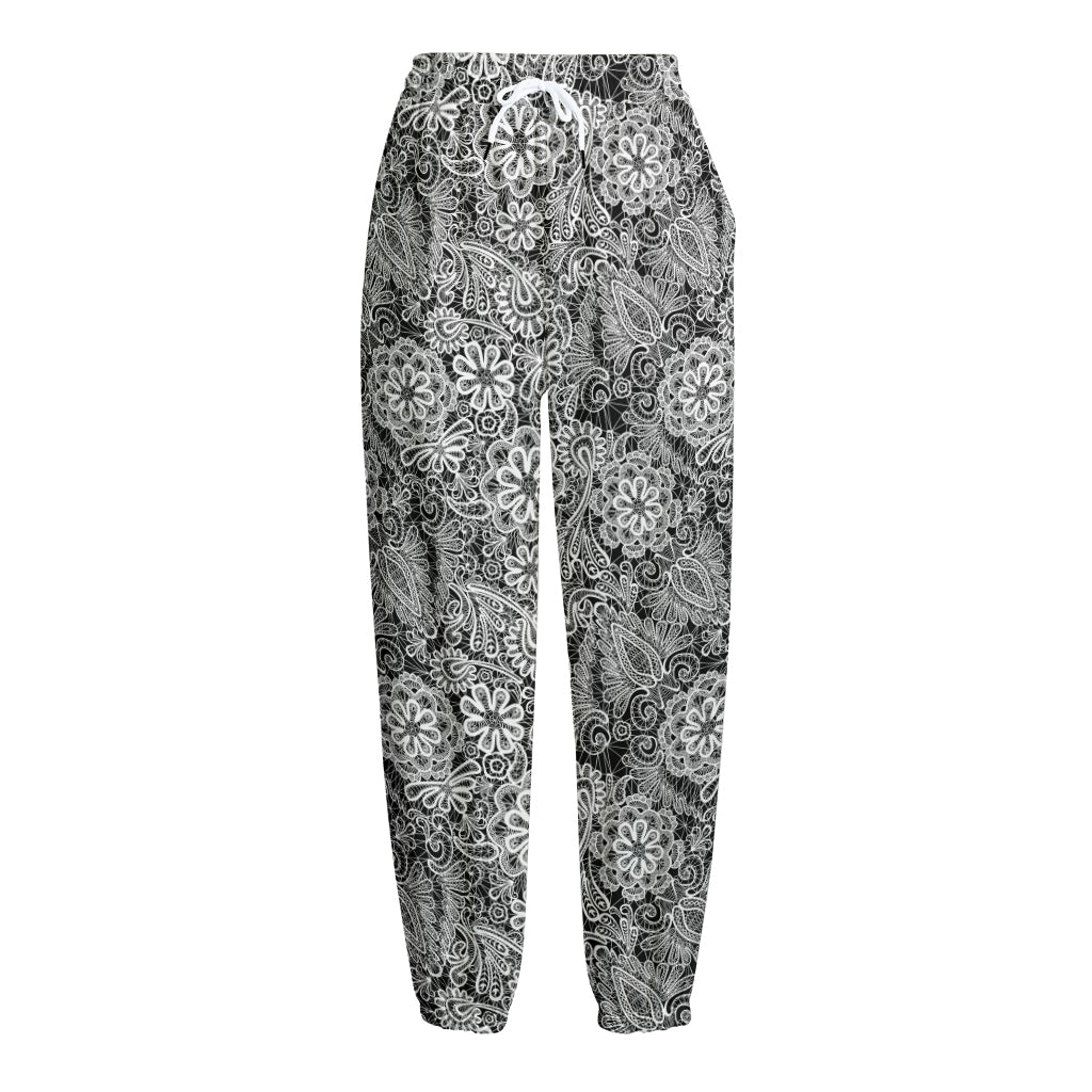 Black And White Western Flower Print Fleece Lined Knit Pants