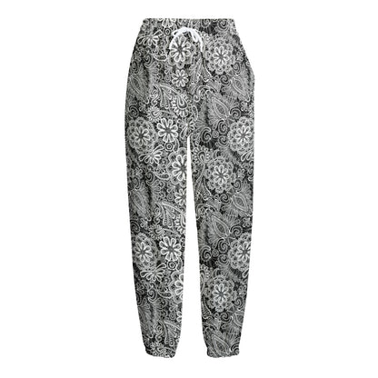 Black And White Western Flower Print Fleece Lined Knit Pants