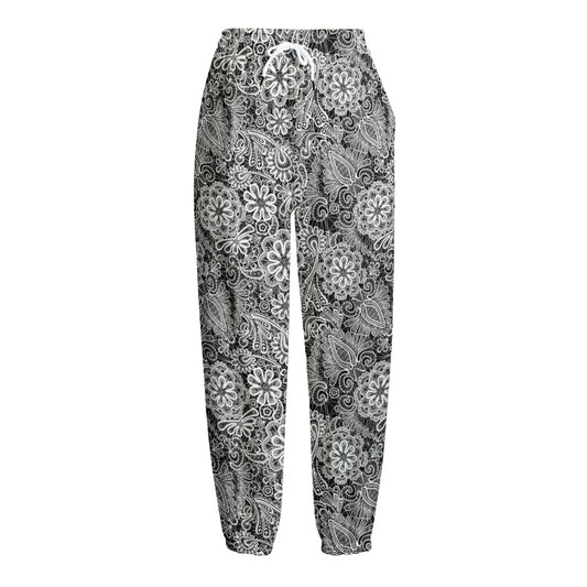 Black And White Western Flower Print Fleece Lined Knit Pants