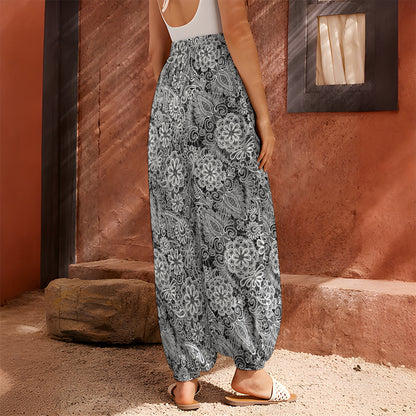 Black And White Western Flower Print Harem Pants